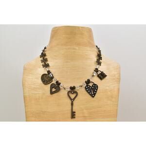 Vintage Crystal Heart Key Charm Lock Necklace Antiqued Brass Romantic 80s BinBN